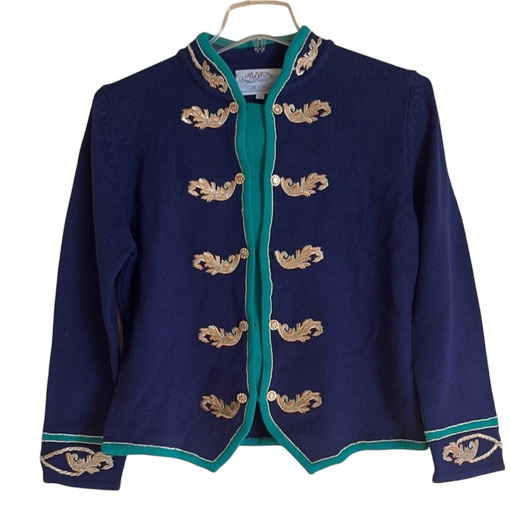 Vintage Susan Bristol Navy and Green Embroidered Cardigan Sweater size Large - Picture 8 of 8